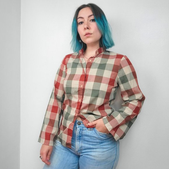 Vintage Tops - Vintage 70s/80s Red & Green Plaid Print Blouse
